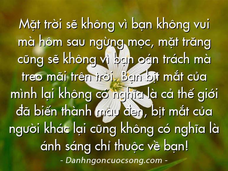 Mặt trời sẽ không vì bạn không vui mà hôm sau ngừng mọc, mặt trăng cũng sẽ không vì bạn oán trách mà treo mãi trên trời. Bạn bịt mắt của mình lại không có nghĩa là cả thế giới đã biến thành màu đen, bịt mắt của người khác lại cũng không có nghĩa là ánh sáng chỉ thuộc về bạn!