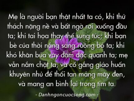 Mẹ là người bạn thật nhất ta có, khi thử thách nặng nề và bất ngờ rơi xuống đầu ta; khi tai họa thay thế sung túc; khi bạn bè của thời nắng sáng ruồng bỏ ta; khi khó khăn bủa vây đậm đặc quanh ta; mẹ vẫn nắm chặt ta, và cố gắng giáo huấn khuyên nhủ để thổi tan mảng mây đen, và mang an bình lại trong tim ta.