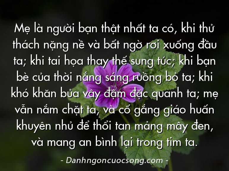 Mẹ là người bạn thật nhất ta có, khi thử thách nặng nề và bất ngờ rơi xuống đầu ta; khi tai họa thay thế sung túc; khi bạn bè của thời nắng sáng ruồng bỏ ta; khi khó khăn bủa vây đậm đặc quanh ta; mẹ vẫn nắm chặt ta, và cố gắng giáo huấn khuyên nhủ để thổi tan mảng mây đen, và mang an bình lại trong tim ta.