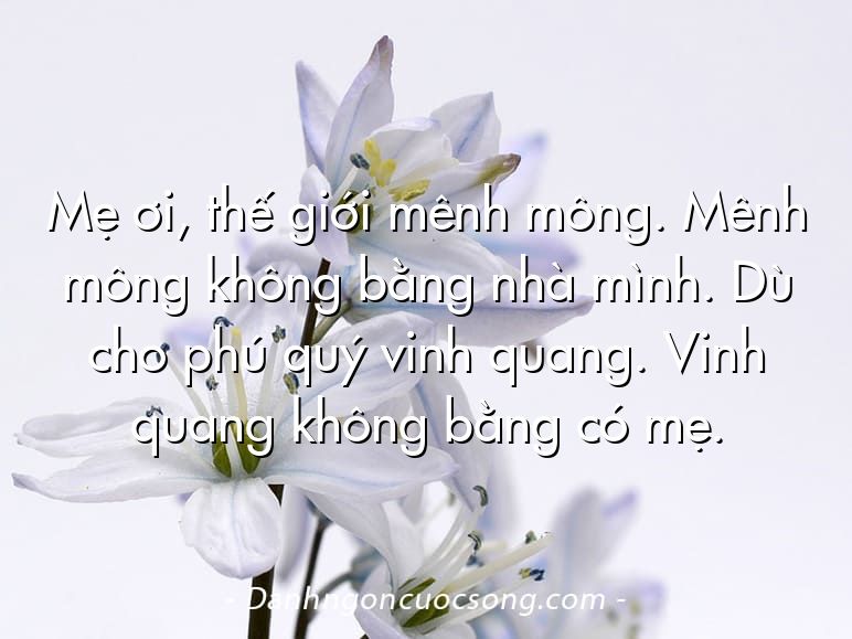 Mẹ ơi, thế giới mênh mông. Mênh mông không bằng nhà mình. Dù cho phú quý vinh quang. Vinh quang không bằng có mẹ.