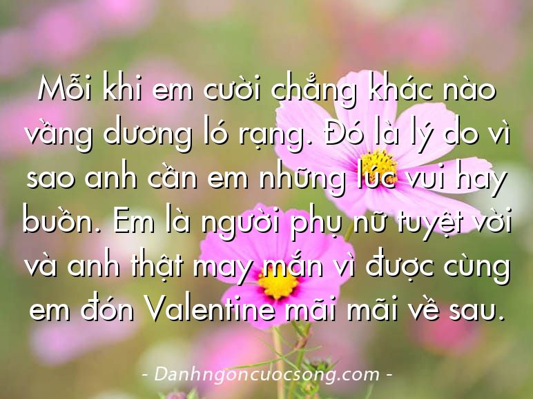 Mỗi khi em cười chẳng khác nào vầng dương ló rạng. Đó là lý do vì sao anh cần em những lúc vui hay buồn. Em là người phụ nữ tuyệt vời và anh thật may mắn vì được cùng em đón Valentine mãi mãi về sau.