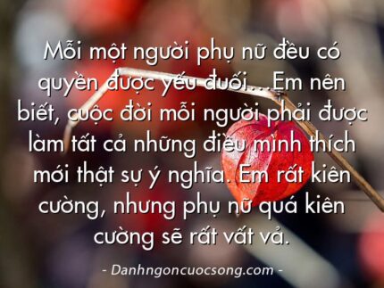 Mỗi một người phụ nữ đều có quyền được yếu đuối…Em nên biết, cuộc đời mỗi người phải được làm tất cả những điều mình thích mới thật sự ý nghĩa. Em rất kiên cường, nhưng phụ nữ quá kiên cường sẽ rất vất vả.