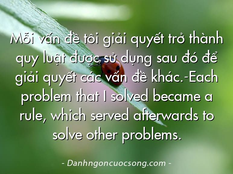 Mỗi vấn đề tôi giải quyết trở thành quy luật được sử dụng sau đó để giải quyết các vấn đề khác.-Each problem that I solved became a rule, which served afterwards to solve other problems.