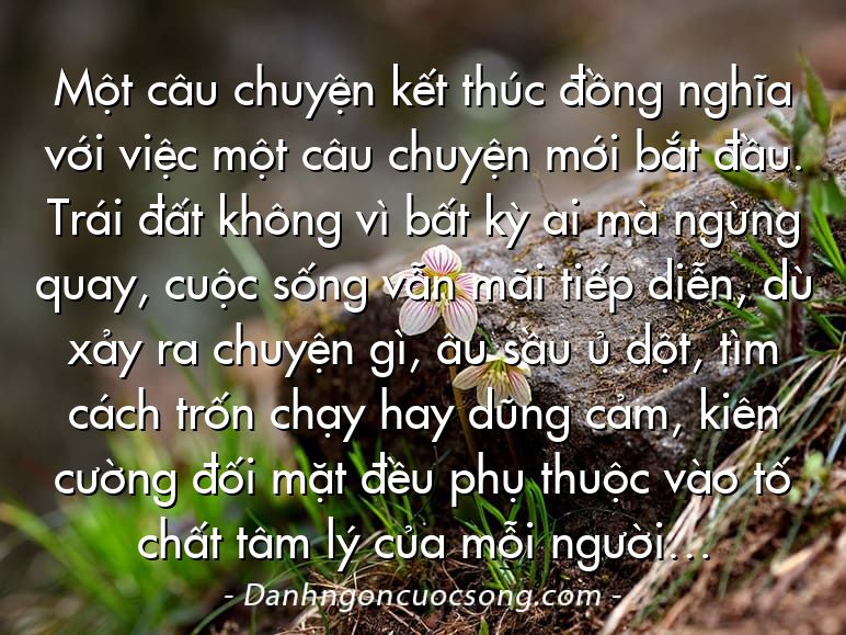 Một câu chuyện kết thúc đồng nghĩa với việc một câu chuyện mới bắt đầu. Trái đất không vì bất kỳ ai mà ngừng quay, cuộc sống vẫn mãi tiếp diễn, dù xảy ra chuyện gì, âu sầu ủ dột, tìm cách trốn chạy hay dũng cảm, kiên cường đối mặt đều phụ thuộc vào tố chất tâm lý của mỗi người…