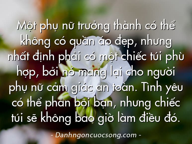 Một phụ nữ trưởng thành có thể không có quần áo đẹp, nhưng nhất định phải có một chiếc túi phù hợp, bởi nó mang lại cho người phụ nữ cảm giác an toàn. Tình yêu có thể phản bội bạn, nhưng chiếc túi sẽ không bao giờ làm điều đó.