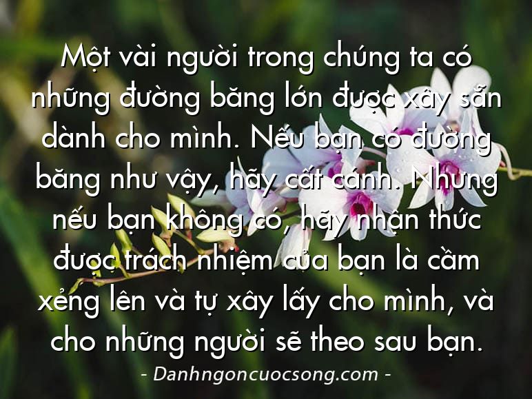 Một vài người trong chúng ta có những đường băng lớn được xây sẵn dành cho mình. Nếu bạn có đường băng như vậy, hãy cất cánh. Nhưng nếu bạn không có, hãy nhận thức được trách nhiệm của bạn là cầm xẻng lên và tự xây lấy cho mình, và cho những người sẽ theo sau bạn.