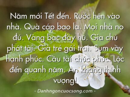 Năm mới Tết đến. Rước hên vào nhà. Quà cáp bao la. Mọi nhà no đủ. Vàng bạc đầy hũ. Gia chủ phát tài. Già trẻ gái trai. Sum vầy hạnh phúc. Cầu tài chúc phúc. Lộc đến quanh năm. An khang thịnh vượng!