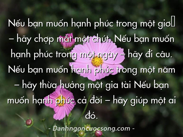 Nếu bạn muốn hạnh phúc trong một giờ – hãy chợp mắt một chút. Nếu bạn muốn hạnh phúc trong một ngày – hãy đi câu. Nếu bạn muốn hạnh phúc trong một năm – hãy thừa hưởng một gia tài Nếu bạn muốn hạnh phúc cả đời – hãy giúp một ai đó.