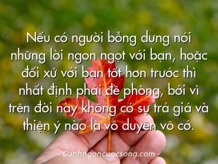 Nếu có người bỗng dưng nói những lời ngon ngọt với bạn, hoặc đối xử với bạn tốt hơn trước thì nhất định phải đề phòng, bởi vì trên đời này không có sự trả giá và thiện ý nào là vô duyên vô cớ.