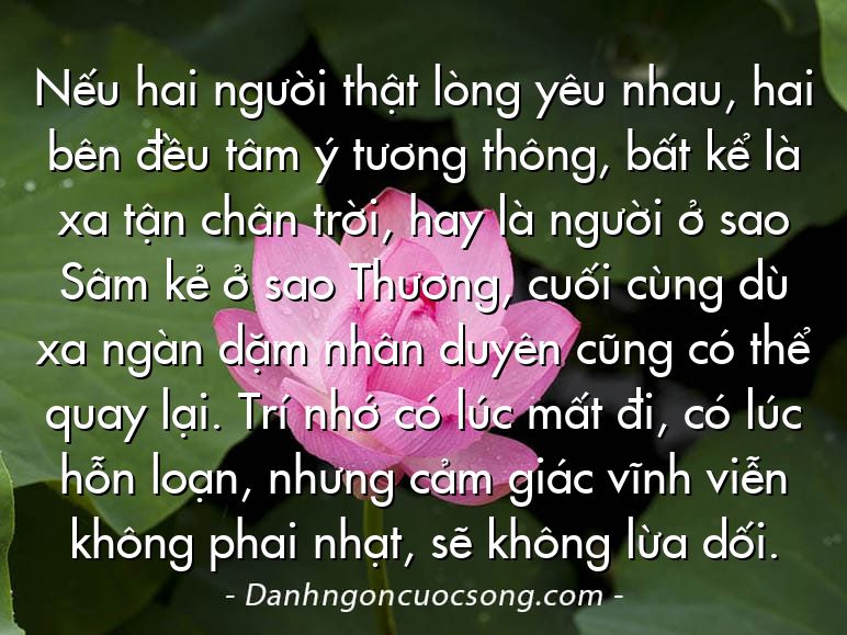 Nếu hai người thật lòng yêu nhau, hai bên đều tâm ý tương thông, bất kể là xa tận chân trời, hay là người ở sao Sâm kẻ ở sao Thương, cuối cùng dù xa ngàn dặm nhân duyên cũng có thể quay lại. Trí nhớ có lúc mất đi, có lúc hỗn loạn, nhưng cảm giác vĩnh viễn không phai nhạt, sẽ không lừa dối.