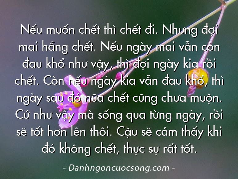 Nếu muốn chết thì chết đi. Nhưng đợi mai hẵng chết. Nếu ngày mai vẫn còn đau khổ như vậy, thì đợi ngày kia rồi chết. Còn nếu ngày kia vẫn đau khổ, thì ngày sau đó nữa chết cũng chưa muộn. Cứ như vậy mà sống qua từng ngày, rồi sẽ tốt hơn lên thôi. Cậu sẽ cảm thấy khi đó không chết, thực sự rất tốt.