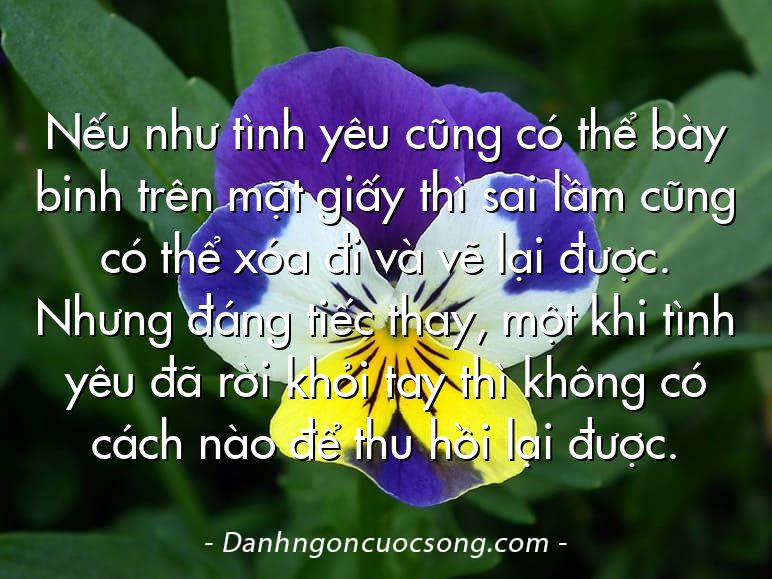 Nếu như tình yêu cũng có thể bày binh trên mặt giấy thì sai lầm cũng có thể xóa đi và vẽ lại được. Nhưng đáng tiếc thay, một khi tình yêu đã rời khỏi tay thì không có cách nào để thu hồi lại được.