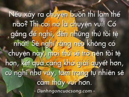 Nếu xảy ra chuyện buồn thì làm thế nào? Thì coi nó là chuyện vui! Cố gắng để nghĩ, đến những thứ tồi tệ nhất! Sẽ nghĩ rằng nếu không có chuyện này, mọi thứ sẽ trở nên tồi tệ hơn, kết quả càng khó giải quyết hơn, cứ nghĩ như vậy, tâm trạng tự nhiên sẽ cảm thấy vui hơn.