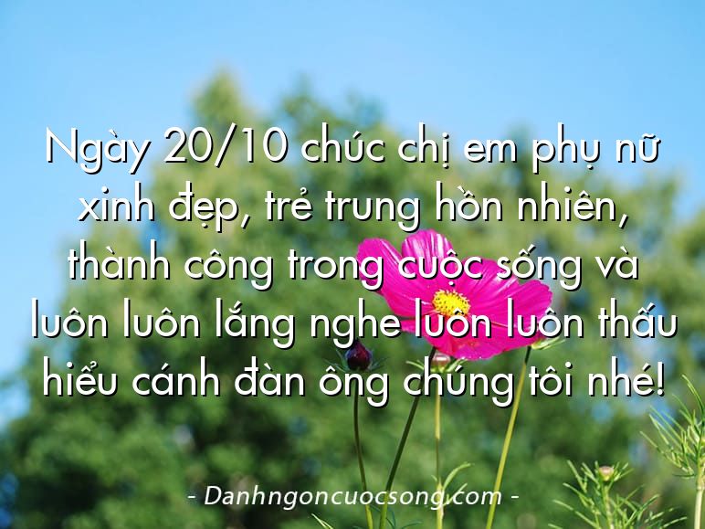 Ngày 20/10 chúc chị em phụ nữ xinh đẹp, trẻ trung hồn nhiên, thành công trong cuộc sống và luôn luôn lắng nghe luôn luôn thấu hiểu cánh đàn ông chúng tôi nhé!