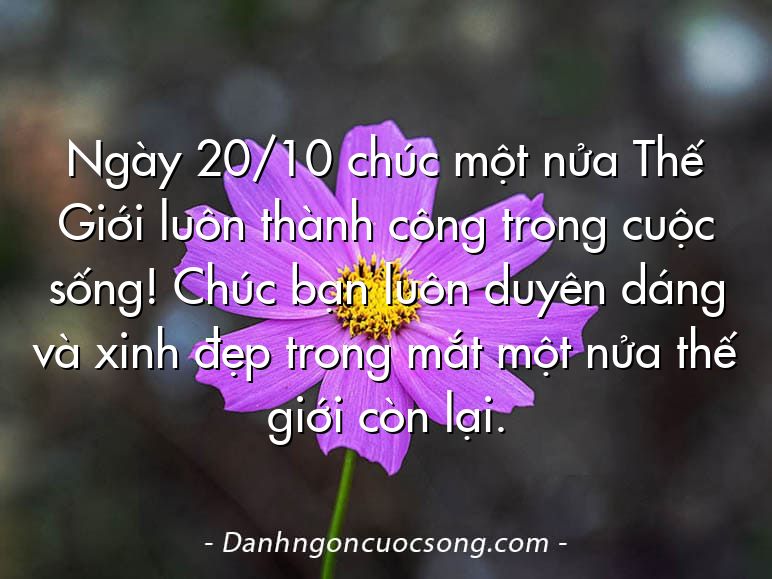 Ngày 20/10 chúc một nửa Thế Giới luôn thành công trong cuộc sống! Chúc bạn luôn duyên dáng và xinh đẹp trong mắt một nửa thế giới còn lại.
