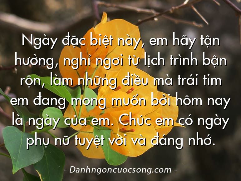 Ngày đặc biệt này, em hãy tận hưởng, nghỉ ngơi từ lịch trình bận rộn, làm những điều mà trái tim em đang mong muốn bởi hôm nay là ngày của em. Chúc em có ngày phụ nữ tuyệt vời và đáng nhớ.
