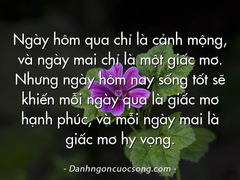 Ngày hôm qua chỉ là cảnh mộng, và ngày mai chỉ là một giấc mơ. Nhưng ngày hôm nay sống tốt sẽ khiến mỗi ngày qua là giấc mơ hạnh phúc, và mỗi ngày mai là giấc mơ hy vọng.
