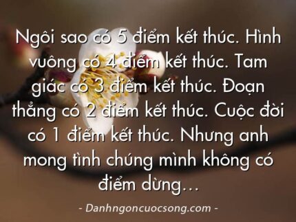 Ngôi sao có 5 điểm kết thúc. Hình vuông có 4 điểm kết thúc. Tam giác có 3 điểm kết thúc. Đoạn thẳng có 2 điểm kết thúc. Cuộc đời có 1 điểm kết thúc. Nhưng anh mong tình chúng mình không có điểm dừng…