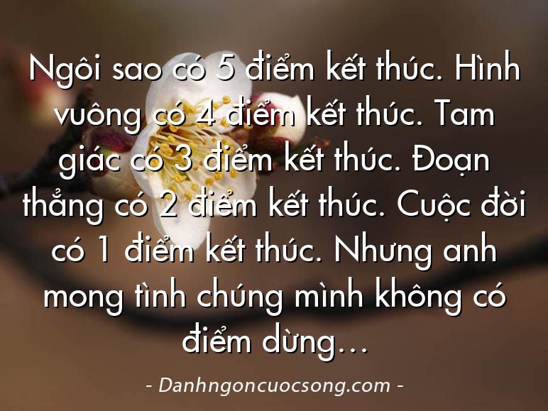 Ngôi sao có 5 điểm kết thúc. Hình vuông có 4 điểm kết thúc. Tam giác có 3 điểm kết thúc. Đoạn thẳng có 2 điểm kết thúc. Cuộc đời có 1 điểm kết thúc. Nhưng anh mong tình chúng mình không có điểm dừng…
