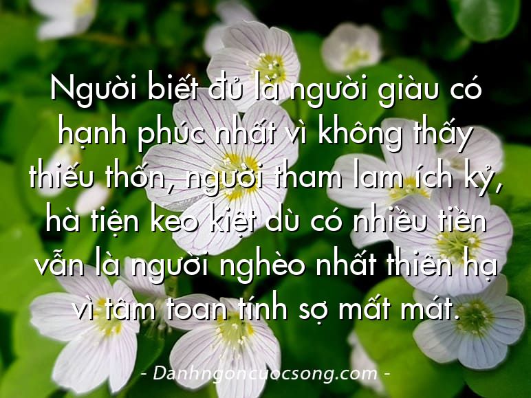 Người biết đủ là người giàu có hạnh phúc nhất vì không thấy thiếu thốn, người tham lam ích kỷ, hà tiện keo kiệt dù có nhiều tiền vẫn là người nghèo nhất thiên hạ vì tâm toan tính sợ mất mát.