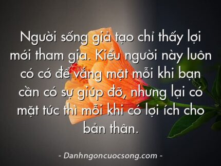 Người sống giả tạo chỉ thấy lợi mới tham gia. Kiểu người này luôn có cớ để vắng mặt mỗi khi bạn cần có sự giúp đỡ, nhưng lại có mặt tức thì mỗi khi có lợi ích cho bản thân.