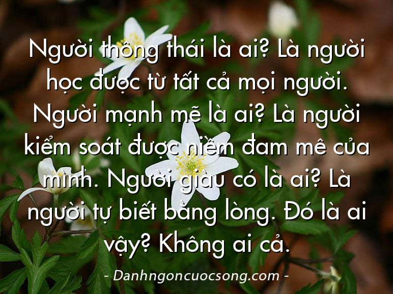 Người thông thái là ai? Là người học được từ tất cả mọi người. Người mạnh mẽ là ai? Là người kiểm soát được niềm đam mê của mình. Người giàu có là ai? Là người tự biết bằng lòng. Đó là ai vậy? Không ai cả.