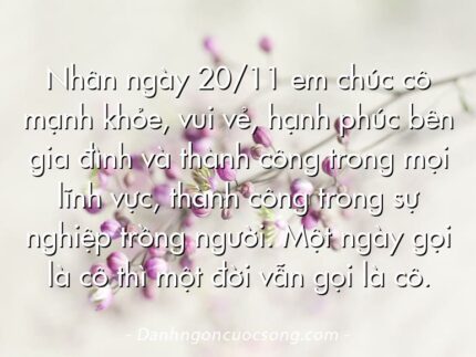 Nhân ngày 20/11 em chúc cô mạnh khỏe, vui vẻ, hạnh phúc bên gia đình và thành công trong mọi lĩnh vực, thành công trong sự nghiệp trồng người. Một ngày gọi là cô thì một đời vẫn gọi là cô.