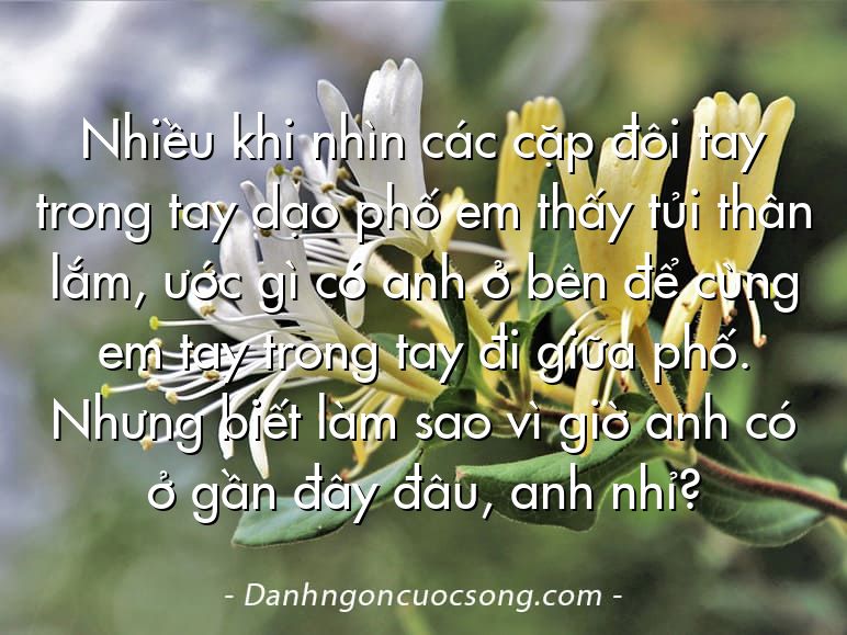 Nhiều khi nhìn các cặp đôi tay trong tay dạo phố em thấy tủi thân lắm, ước gì có anh ở bên để cùng em tay trong tay đi giữa phố. Nhưng biết làm sao vì giờ anh có ở gần đây đâu, anh nhỉ?