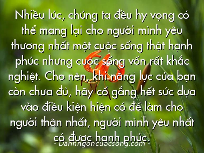 Nhiều lúc, chúng ta đều hy vọng có thể mang lại cho người mình yêu thương nhất một cuộc sống thật hạnh phúc nhưng cuộc sống vốn rất khắc nghiệt. Cho nên, khi năng lực của bạn còn chưa đủ, hãy cố gắng hết sức dựa vào điều kiện hiện có để làm cho người thân nhất, người mình yêu nhất có được hạnh phúc.