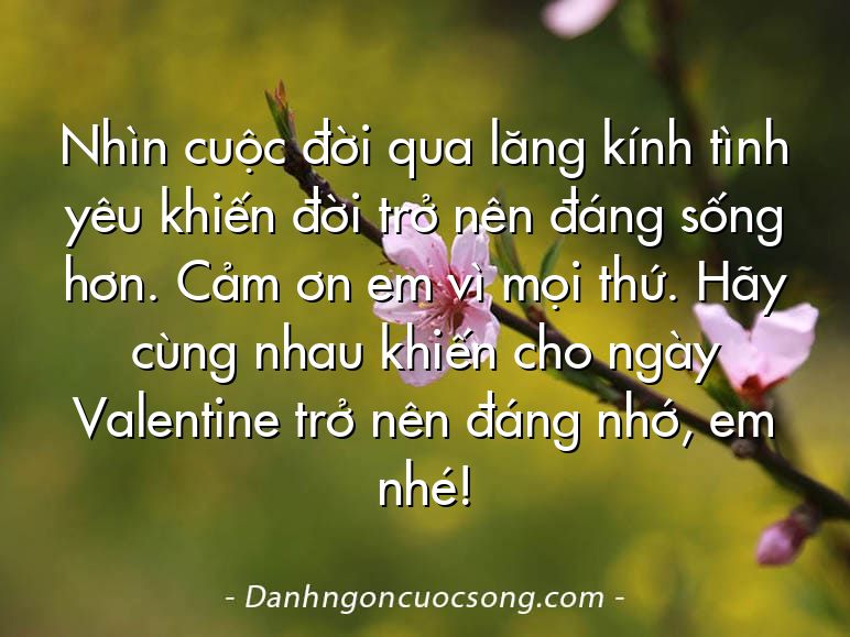 Nhìn cuộc đời qua lăng kính tình yêu khiến đời trở nên đáng sống hơn. Cảm ơn em vì mọi thứ. Hãy cùng nhau khiến cho ngày Valentine trở nên đáng nhớ, em nhé!