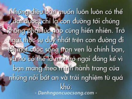 Những điều bạn muốn luôn luôn có thể đạt được; chỉ là con đường tới chúng không phải lúc nào cũng hiển nhiên. Trở ngại thực sự duy nhất trên con đường đi tới một cuộc sống trọn vẹn là chính bạn, và nó có thể là một trở ngại đáng kể vì bạn mang theo mình hành trang của những nỗi bất an và trải nghiệm từ quá khứ.
