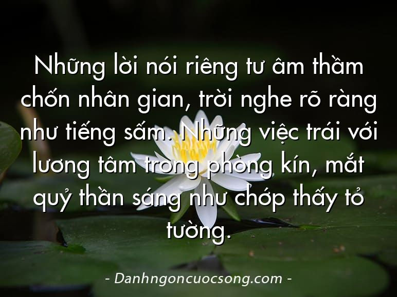 Những lời nói riêng tư âm thầm chốn nhân gian, trời nghe rõ ràng như tiếng sấm. Những việc trái với lương tâm trong phòng kín, mắt quỷ thần sáng như chớp thấy tỏ tường.