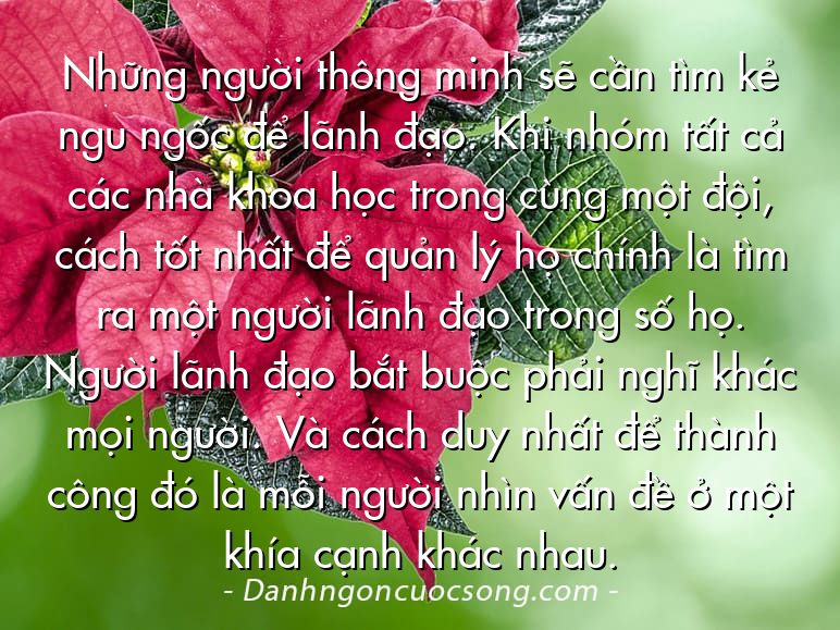 Những người thông minh sẽ cần tìm kẻ ngu ngốc để lãnh đạo. Khi nhóm tất cả các nhà khoa học trong cùng một đội, cách tốt nhất để quản lý họ chính là tìm ra một người lãnh đạo trong số họ. Người lãnh đạo bắt buộc phải nghĩ khác mọi người. Và cách duy nhất để thành công đó là mỗi người nhìn vấn đề ở một khía cạnh khác nhau.