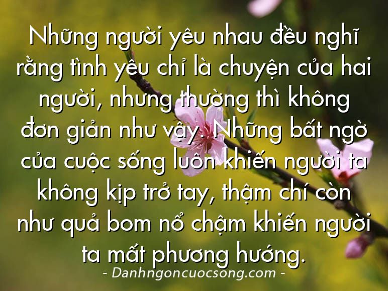 Những người yêu nhau đều nghĩ rằng tình yêu chỉ là chuyện của hai người, nhưng thường thì không đơn giản như vậy. Những bất ngờ của cuộc sống luôn khiến người ta không kịp trở tay, thậm chí còn như quả bom nổ chậm khiến người ta mất phương hướng.