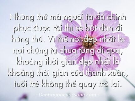 Những thứ mà người ta đã chinh phục được rồi thì sẽ bớt dần đi hứng thú. Vì thế nơi đẹp nhất là nơi chúng ta chưa từng đi qua, khoảng thời gian đẹp nhất là khoảng thời gian của thanh xuân, tuổi trẻ không thể quay trở lại.