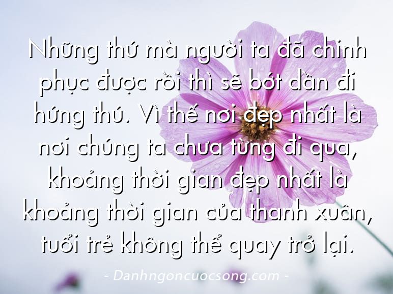 Những thứ mà người ta đã chinh phục được rồi thì sẽ bớt dần đi hứng thú. Vì thế nơi đẹp nhất là nơi chúng ta chưa từng đi qua, khoảng thời gian đẹp nhất là khoảng thời gian của thanh xuân, tuổi trẻ không thể quay trở lại.