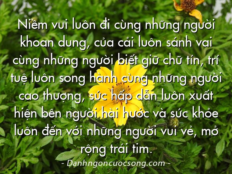 Niềm vui luôn đi cùng những người khoan dung, của cải luôn sánh vai cùng những người biết giữ chữ tín, trí tuệ luôn song hành cùng những người cao thượng, sức hấp dẫn luôn xuất hiện bên người hài hước và sức khỏe luôn đến với những người vui vẻ, mở rộng trái tim.