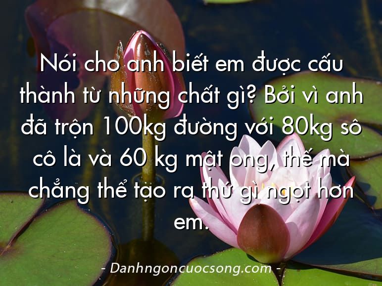 Nói cho anh biết em được cấu thành từ những chất gì? Bởi vì anh đã trộn 100kg đường với 80kg sô cô là và 60 kg mật ong, thế mà chẳng thể tạo ra thứ gì ngọt hơn em.