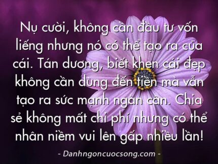 Nụ cười, không cần đầu tư vốn liếng nhưng nó có thể tạo ra của cái. Tán dương, biết khen cái đẹp không cần dùng đến tiền mà vẫn tạo ra sức mạnh ngàn cân. Chia sẻ không mất chi phí nhưng có thể nhân niềm vui lên gấp nhiều lần!