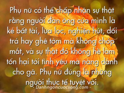 Phụ nữ có thể chấp nhận sự thật rằng người đàn ông của mình là kẻ bất tài, lừa lọc, nghiện hút, dối trá hay ghê tởm mà không chớp mắt, và sự thật đó không hề làm tổn hại tới tình yêu mà nàng dành cho gã. Phụ nữ đúng là những người thực tế tuyệt vời.