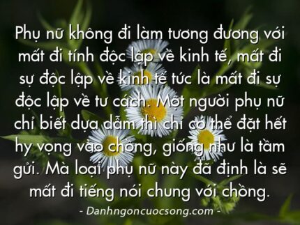 Phụ nữ không đi làm tương đương với mất đi tính độc lập về kinh tế, mất đi sự độc lập về kinh tế tức là mất đi sự độc lập về tư cách. Một người phụ nữ chỉ biết dựa dẫm thì chỉ có thể đặt hết hy vọng vào chồng, giống như là tầm gửi. Mà loại phụ nữ này đã định là sẽ mất đi tiếng nói chung với chồng.