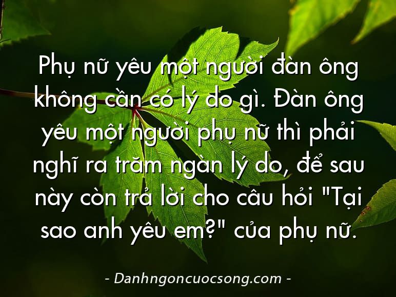Phụ nữ yêu một người đàn ông không cần có lý do gì. Đàn ông yêu một người phụ nữ thì phải nghĩ ra trăm ngàn lý do, để sau này còn trả lời cho câu hỏi "Tại sao anh yêu em?" của phụ nữ.