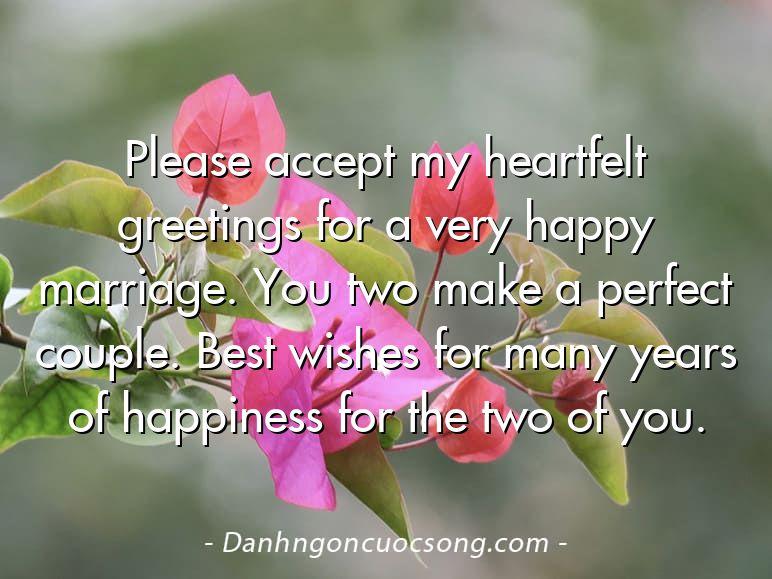 Please accept my heartfelt greetings for a very happy marriage. You two make a perfect couple. Best wishes for many years of happiness for the two of you.