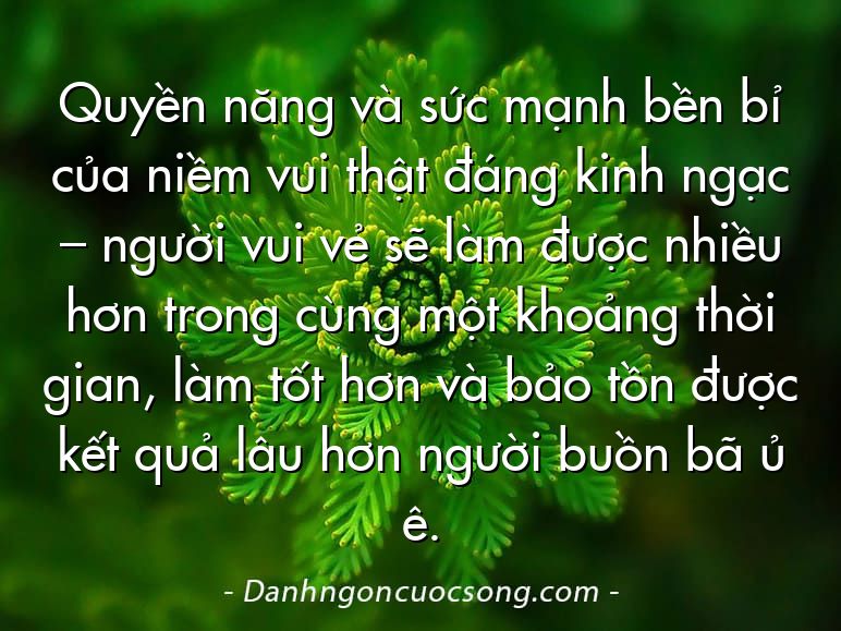 Quyền năng và sức mạnh bền bỉ của niềm vui thật đáng kinh ngạc – người vui vẻ sẽ làm được nhiều hơn trong cùng một khoảng thời gian, làm tốt hơn và bảo tồn được kết quả lâu hơn người buồn bã ủ ê.