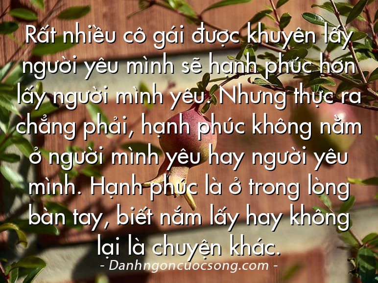 Rất nhiều cô gái được khuyên lấy người yêu mình sẽ hạnh phúc hơn lấy người mình yêu. Nhưng thực ra chẳng phải, hạnh phúc không nằm ở người mình yêu hay người yêu mình. Hạnh phúc là ở trong lòng bàn tay, biết nắm lấy hay không lại là chuyện khác.