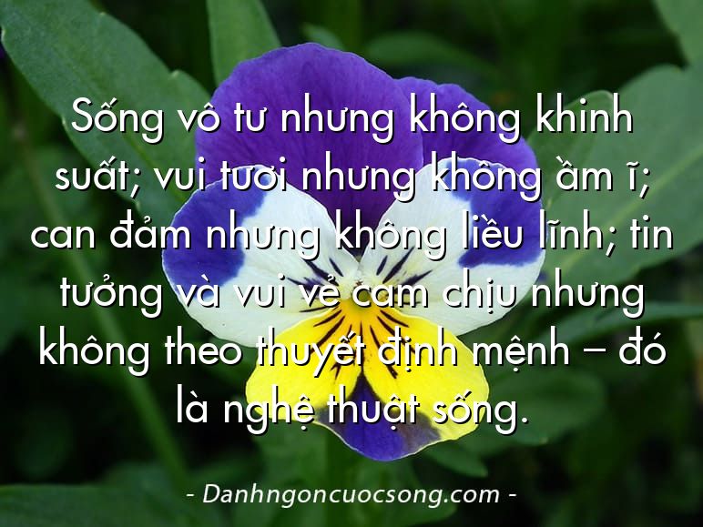 Sống vô tư nhưng không khinh suất; vui tươi nhưng không ầm ĩ; can đảm nhưng không liều lĩnh; tin tưởng và vui vẻ cam chịu nhưng không theo thuyết định mệnh – đó là nghệ thuật sống.