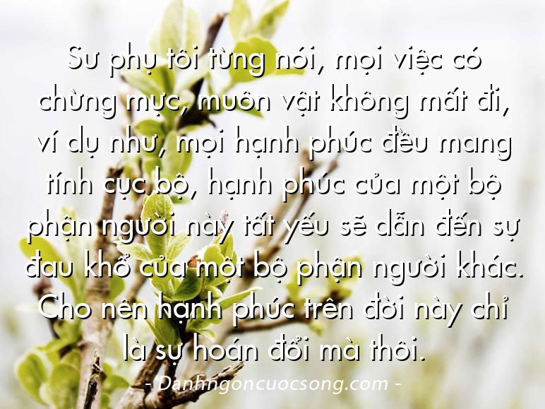 Sư phụ tôi từng nói, mọi việc có chừng mực, muôn vật không mất đi, ví dụ như, mọi hạnh phúc đều mang tính cục bộ, hạnh phúc của một bộ phận người này tất yếu sẽ dẫn đến sự đau khổ của một bộ phận người khác. Cho nên hạnh phúc trên đời này chỉ là sự hoán đổi mà thôi.