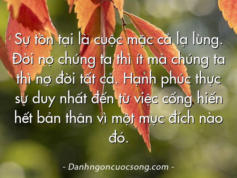 Sự tồn tại là cuộc mặc cả lạ lùng. Đời nợ chúng ta thì ít mà chúng ta thì nợ đời tất cả. Hạnh phúc thực sự duy nhất đến từ việc cống hiến hết bản thân vì một mục đích nào đó.