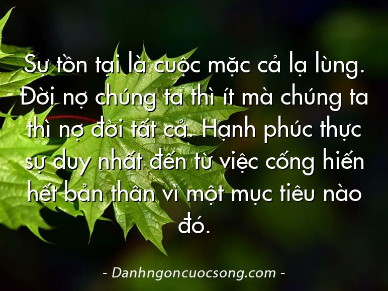 Sự tồn tại là cuộc mặc cả lạ lùng. Đời nợ chúng ta thì ít mà chúng ta thì nợ đời tất cả. Hạnh phúc thực sự duy nhất đến từ việc cống hiến hết bản thân vì một mục tiêu nào đó.