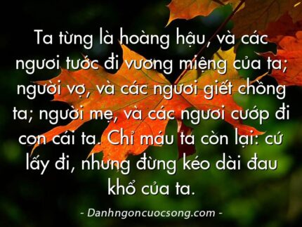 Ta từng là hoàng hậu, và các ngươi tước đi vương miệng của ta; người vợ, và các ngươi giết chồng ta; người mẹ, và các ngươi cướp đi con cái ta. Chỉ máu ta còn lại: cứ lấy đi, nhưng đừng kéo dài đau khổ của ta.